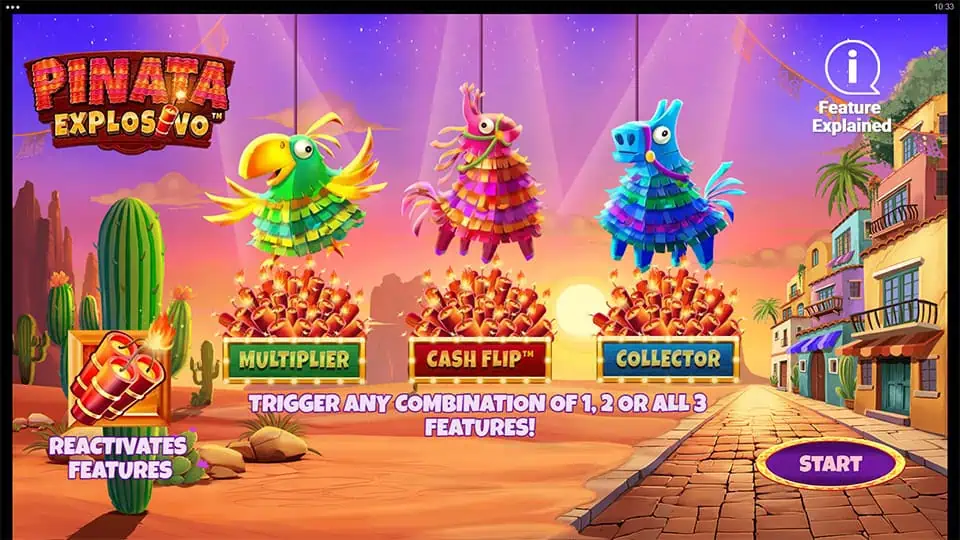 Homepage of Pinata Explosivo slot introducing game features and bonus mechanics.