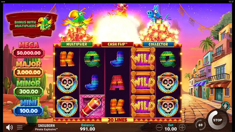 Red Dynamite symbol appearing in Pinata Explosivo slot, triggering the Cash Flip Bonus.