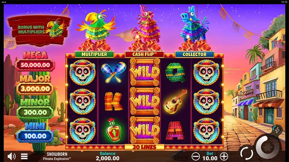 Preview of Pinata Explosivo slot showing the reels and festive-themed symbols in action.