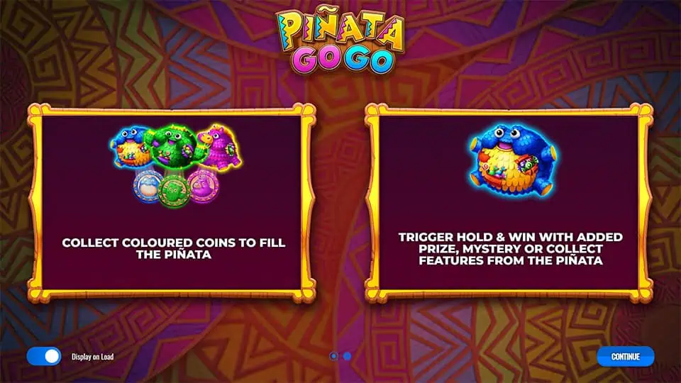 Homepage of Pinata Go Go slot introducing game features and bonus mechanics.