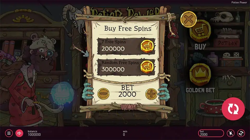 Buy Free Spins feature in Potion Power slot offering two options: 7 Free Spins or Random Free Spins.