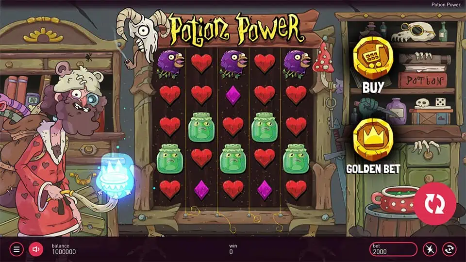 Preview of Potion Power slot showing the reels and alchemy-themed symbols in action.