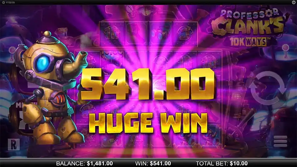 Huge Win screen in Professor Clank's 10K Ways slot displaying a €541 payout.