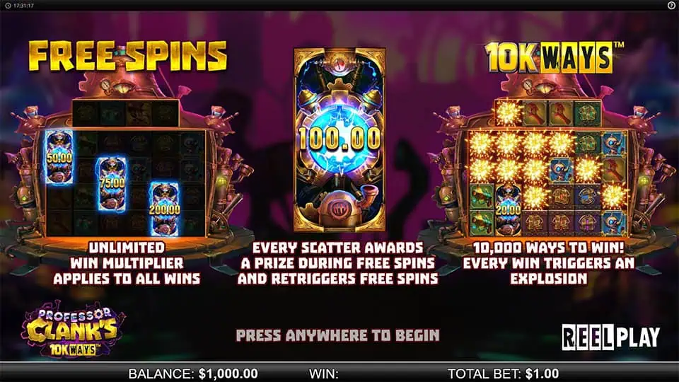 Homepage of Professor Clank's 10K Ways slot introducing game features and bonus mechanics.