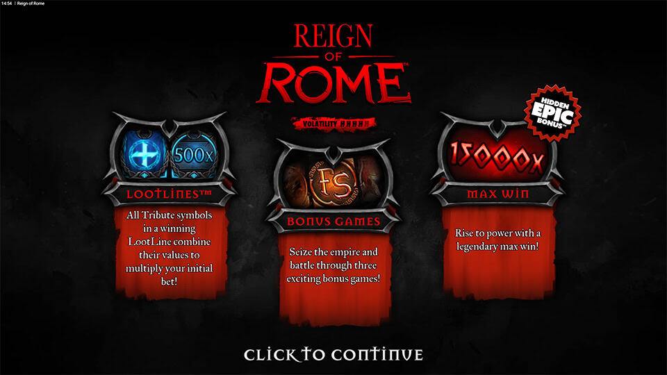 Reign of Rome slot features LootLines, bonus games, and up to 15,000x max win