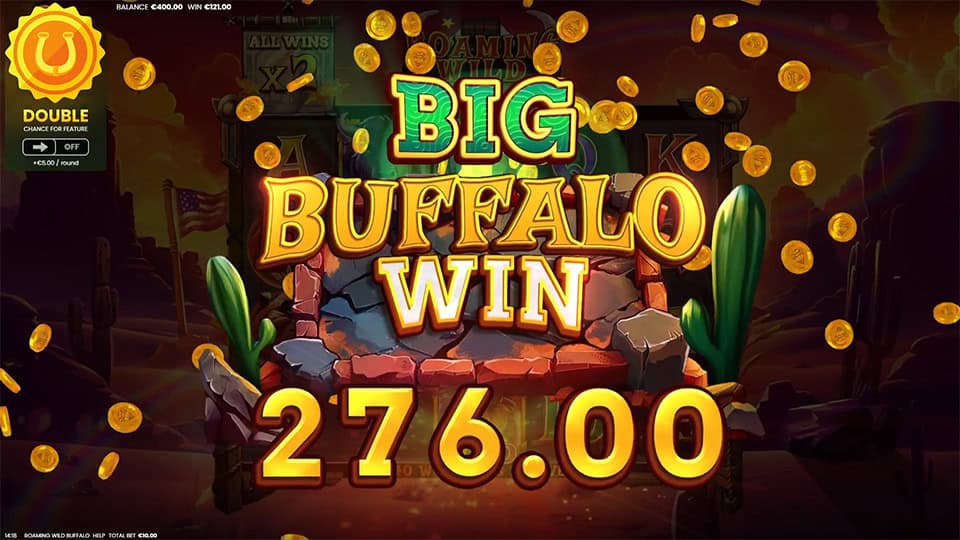 Big Buffalo Win screen in Roaming Wild Buffalo slot displaying a €276 payout.