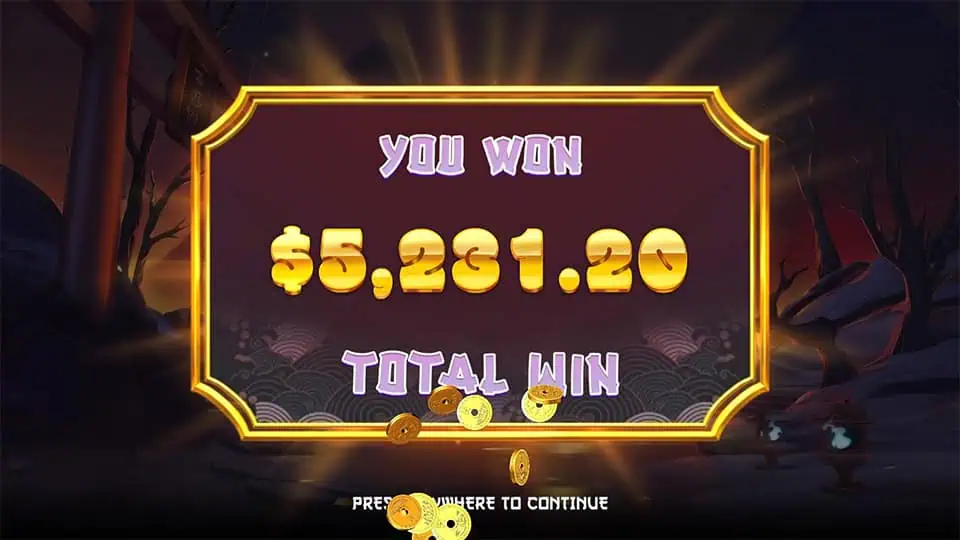 Total Win screen in Samurai Dogs: Unleashed slot displaying a €5,231 payout.