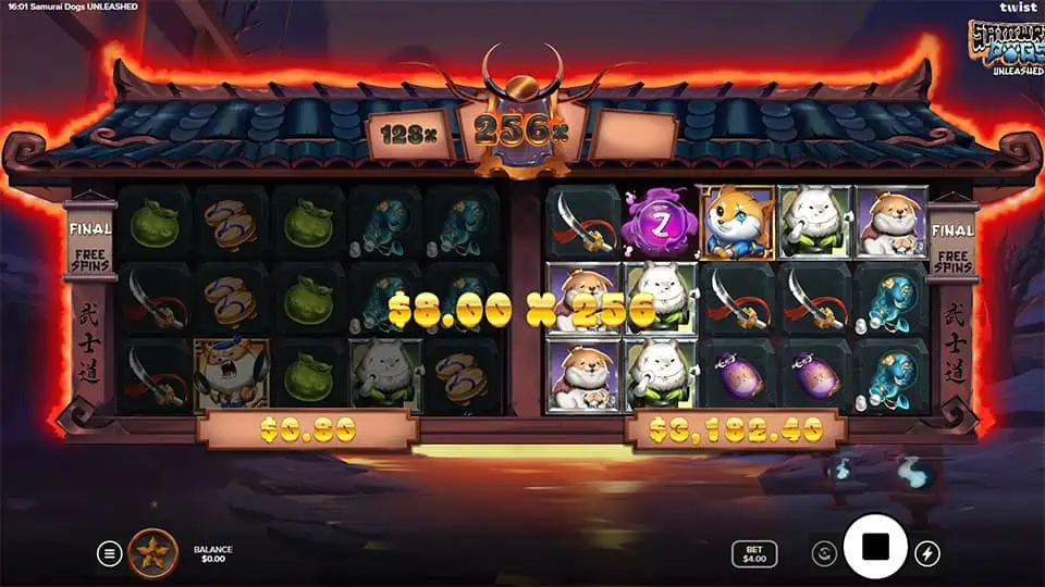 Progressive Multiplier feature in Samurai Dogs: Unleashed slot increasing up to 256x.