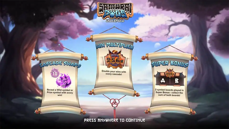 Homepage of Samurai Dogs: Unleashed slot introducing game features and bonus mechanics.