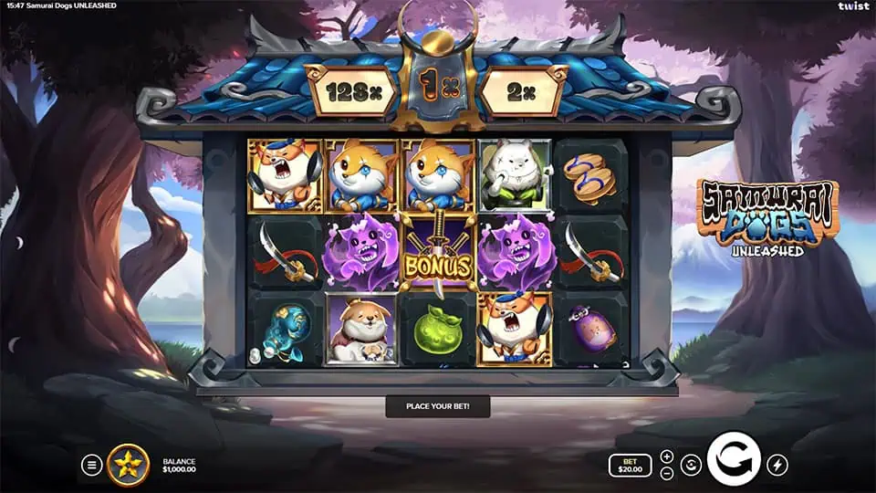 Preview of Samurai Dogs: Unleashed slot showing the reels and samurai dog-themed symbols in action.