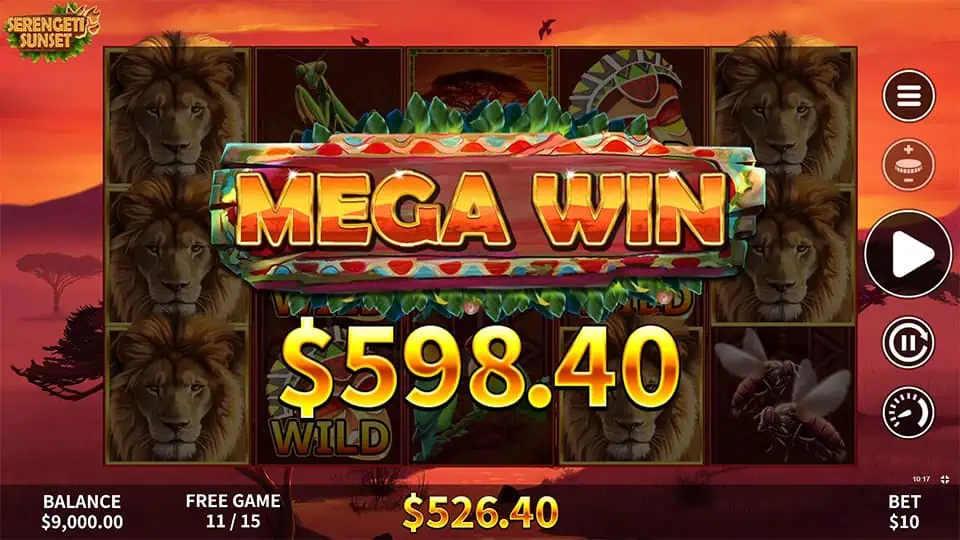 Mega Win screen in Serengeti Sunset slot displaying a €598.40 payout.