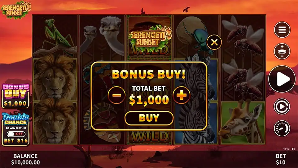 Buy Bonus Feature in Serengeti Sunset slot allowing direct entry into the Free Games Feature for x100 the bet.