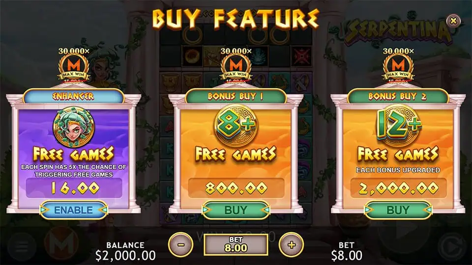 Buy Feature in Serpentina slot offering Game Enhancer for 2x the stake, Bonus Buy 1 for 100x, and Bonus Buy 2 for 250x, guaranteeing Free Games at Maximum Level.