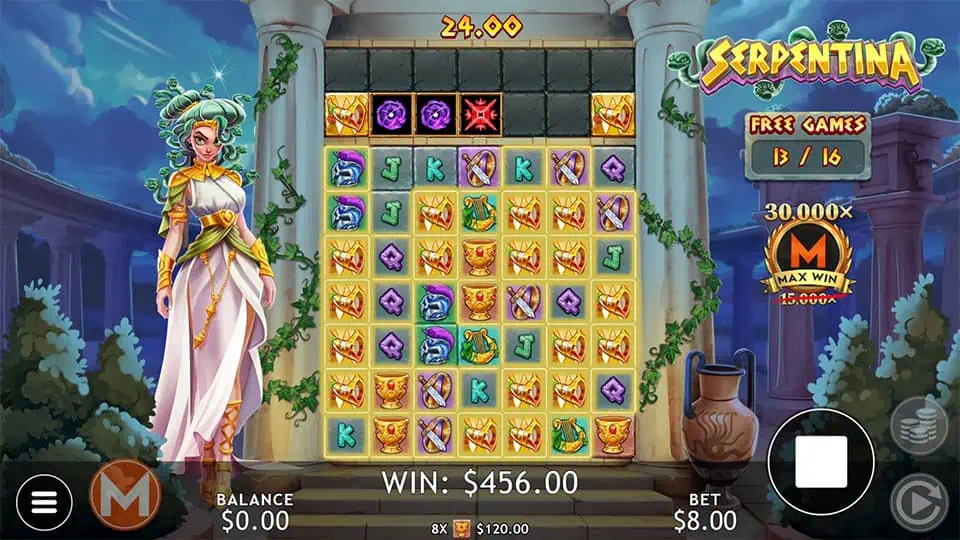 Wild symbols appearing around the screen in Serpentina slot due to special bonus symbols.