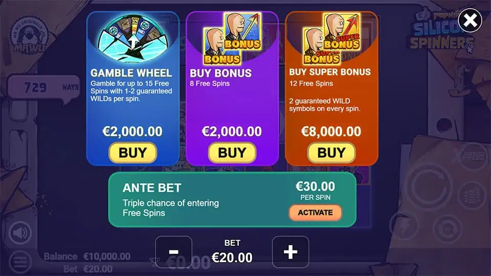 Xpress Bonus Buy in Silicon Spinners slot offering Gamble Wheel (x100 bet), Buy Bonus (x100 bet), Buy Super Bonus (x400 bet), and Ante Bet (1.5x bet).