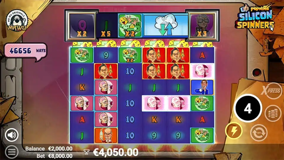 Zap Reel feature in Silicon Spinners slot showing five different possible rewards.