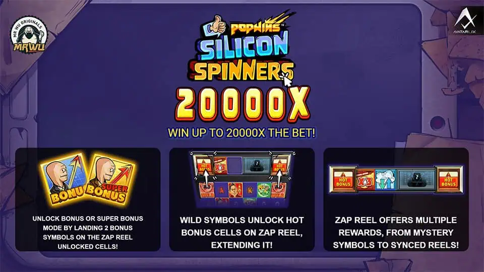 Homepage of Silicon Spinners slot introducing game features and special mechanics.