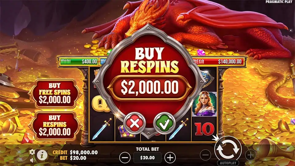 Buy menu in Sleeping Dragon offering x100 the bet respins option with the dragon sleeping beside glowing gold piles.