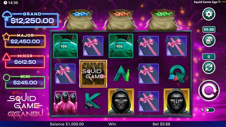 Preview of Squid Game Ggandu slot showing the reels and game-inspired symbols in action.