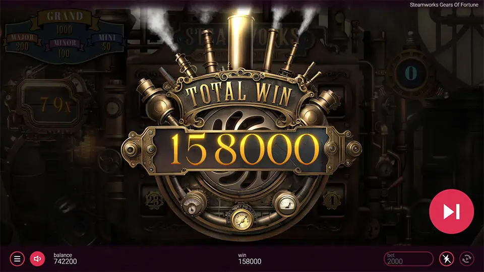 Total Win screen in Steamworks - Gears of Fortune slot displaying a €158,000 payout.