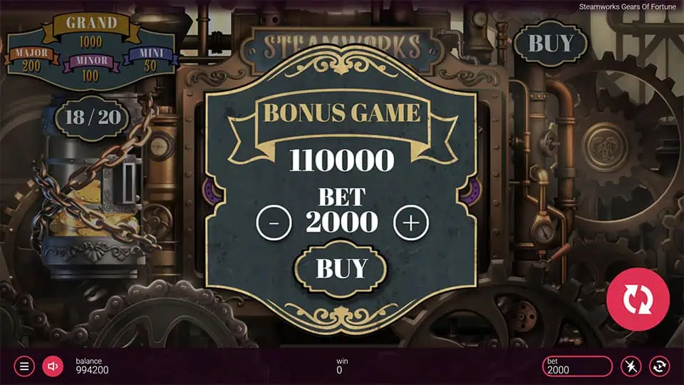 Buy Bonus Game feature in Steamworks - Gears of Fortune slot allowing direct entry into the bonus round for x55 the bet.