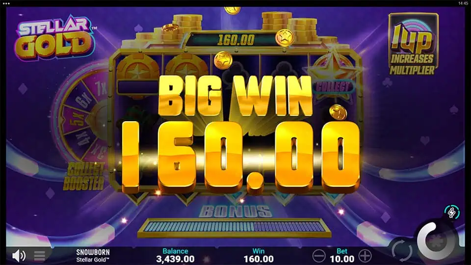 Big Win screen in Stellar Gold slot displaying a €160 payout.