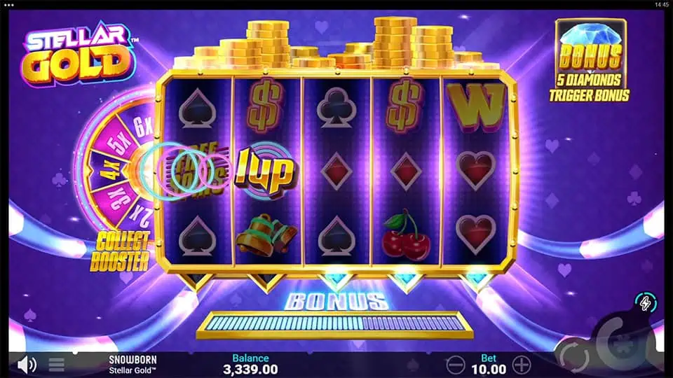 1Up Collect Booster feature in Stellar Gold slot upgrading an existing x4 multiplier.