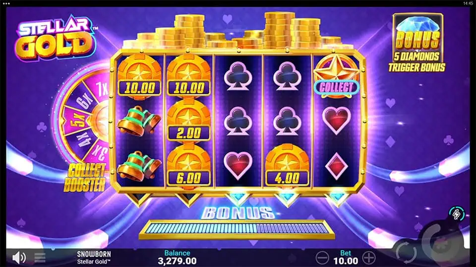 Cash Collect feature in Stellar Gold slot with a x5 collect booster increasing winnings.