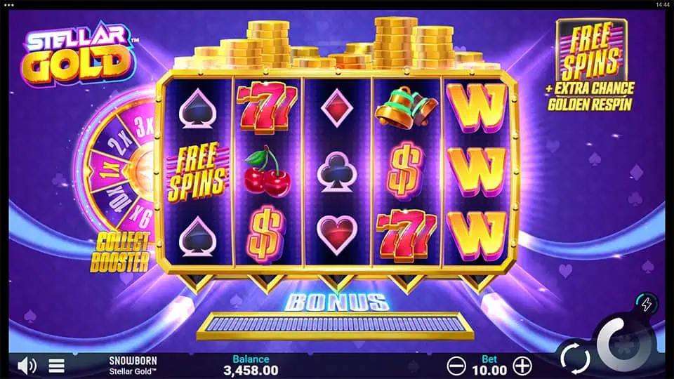 Preview of Stellar Gold slot showing the reels and cosmic-themed symbols in action.