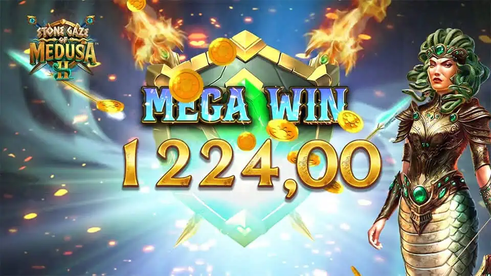 Mega win screen in Stone Gaze of Medusa 2 slot displaying a €1,224 payout.