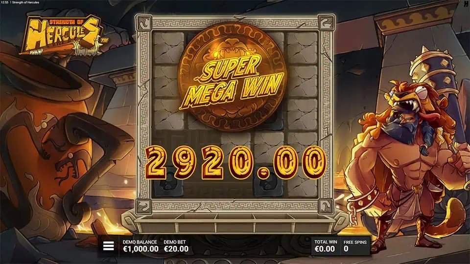 Super Mega Win screen in Strength of Hercules slot displaying a €2,920 payout.