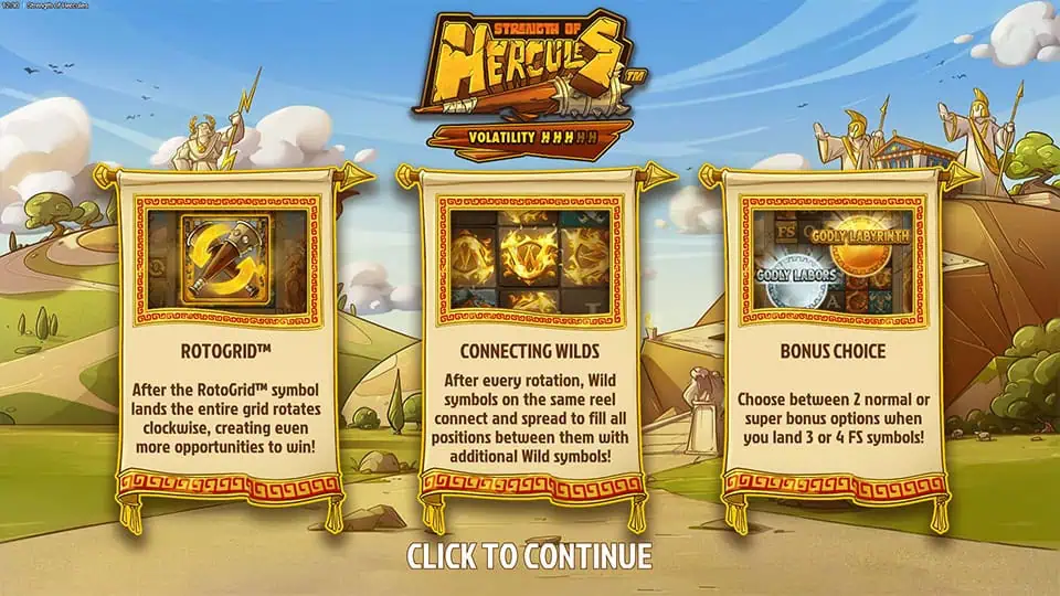 Homepage of Strength of Hercules slot introducing game features and special mechanics.