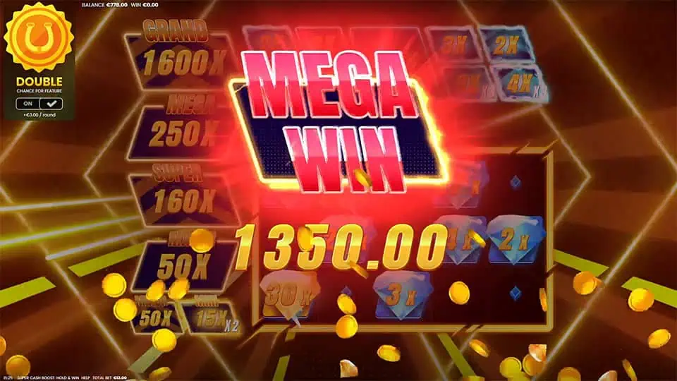 Mega Win screen in Super Cash Boost: Hold and Win slot displaying a €1,350 payout.