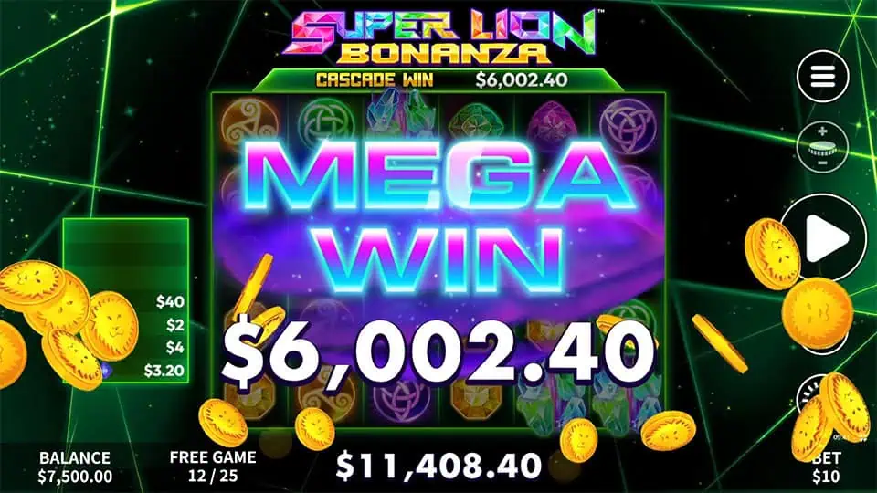 Mega Win screen in Super Lion Bonanza slot displaying a €6,002.40 payout.