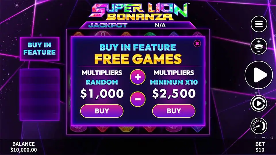 Buy-In Feature in Super Lion Bonanza slot offering two options: random multiplier or minimum x10 multipliers.