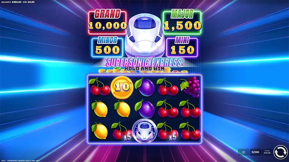 Train Cash Collect symbol appearing in Supersonic Express Hold and Win slot, collecting prize values.