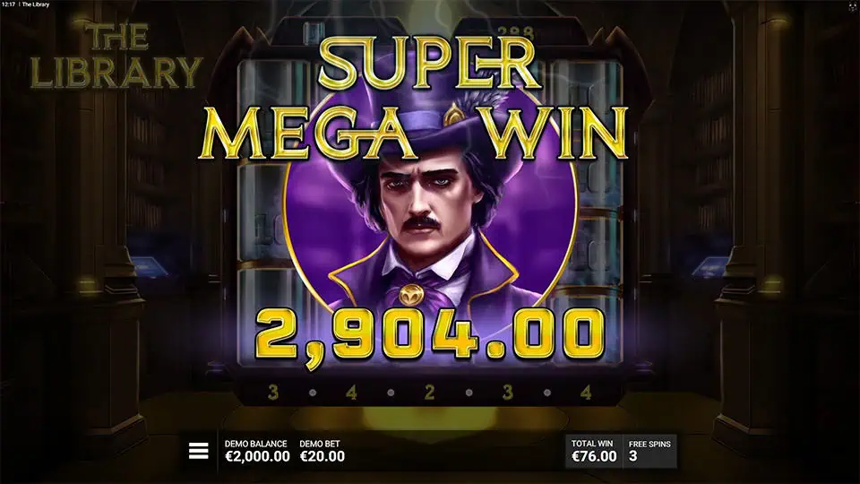 Super Mega Win screen in The Library slot displaying a €2,904 payout.