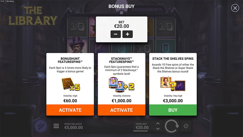 Buy Bonus feature in The Library slot offering Bonushunt Featurespins for x3 the bet, Stackways Featurespins for x50, and Stack the Shelves Spins for x150 the bet.