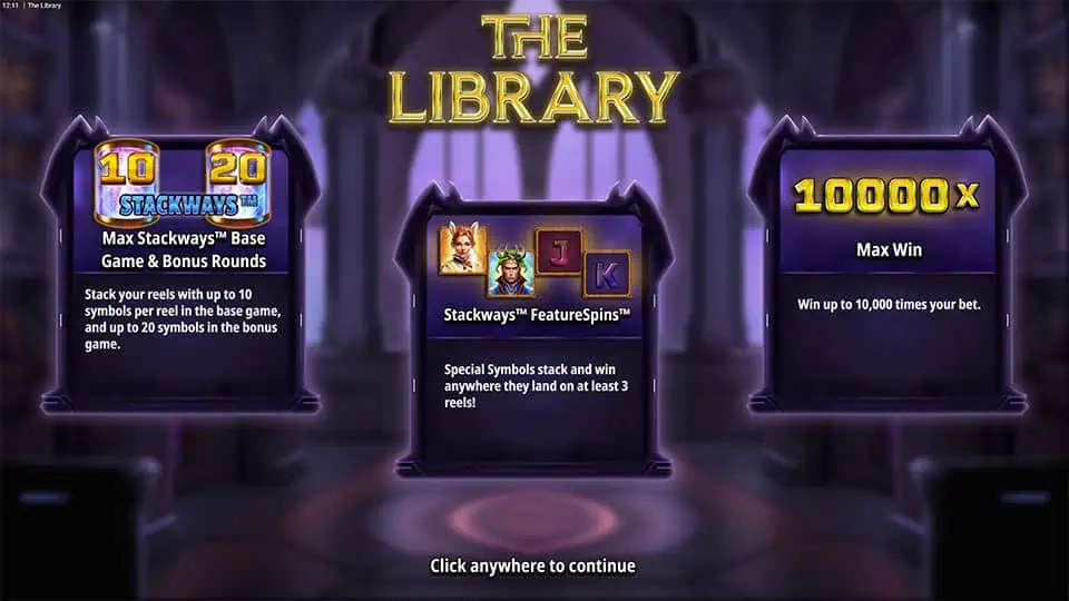 Homepage of The Library slot introducing game features and bonus mechanics.