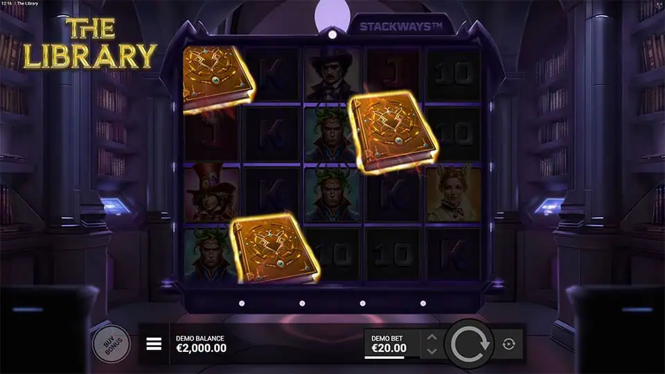 Three Scatter symbols appearing in The Library slot, triggering the Free Spins bonus round.