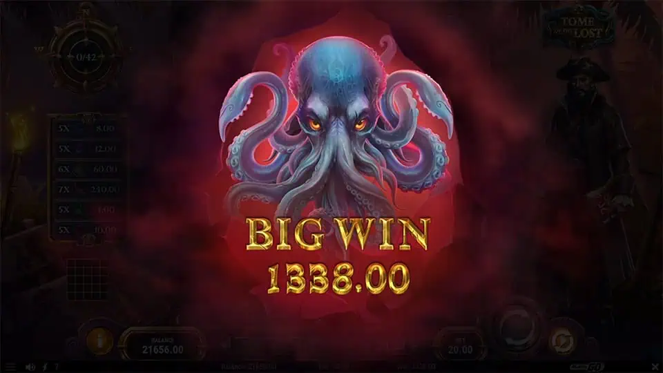 Big Win screen in Tome of the Lost slot displaying a €1,338 payout.