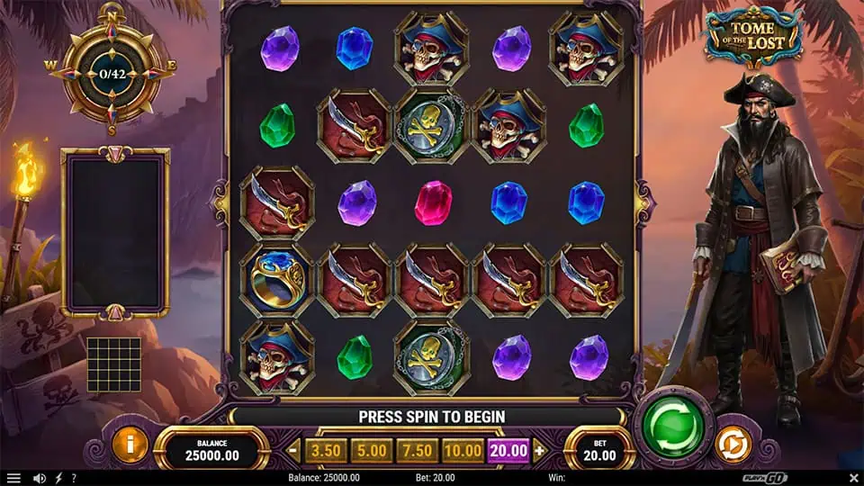 Preview of Tome of the Lost slot showing the reels and pirate-themed symbols in action.