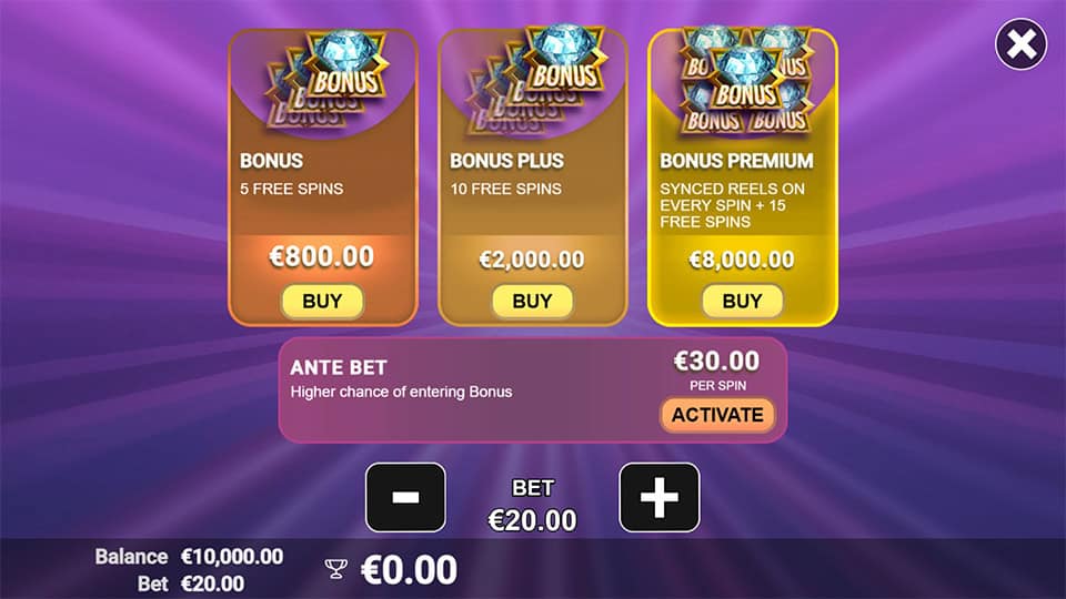 Vegas Fortune slot bonus buy menu offering Bonus, Bonus Plus, and Bonus Premium with Ante Bet activation