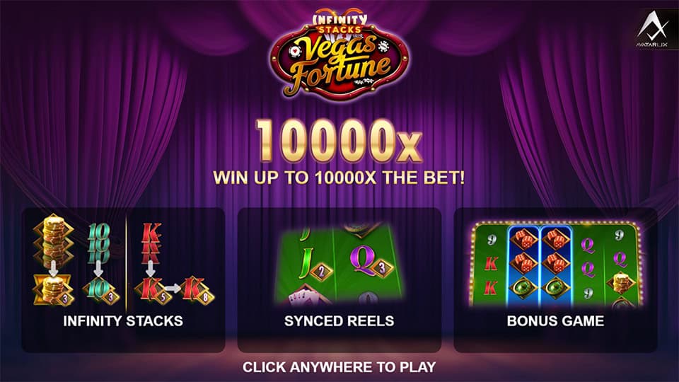 Vegas Fortune slot intro screen highlighting Infinity Stacks, Synced Reels, and Bonus Game