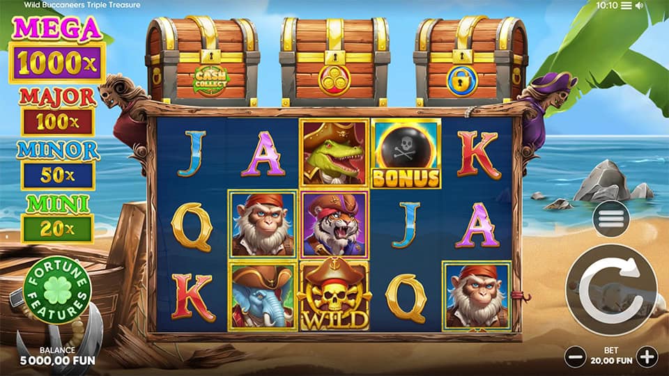 Game interface showing pirate-themed symbols, treasure chests, and jackpot multipliers.