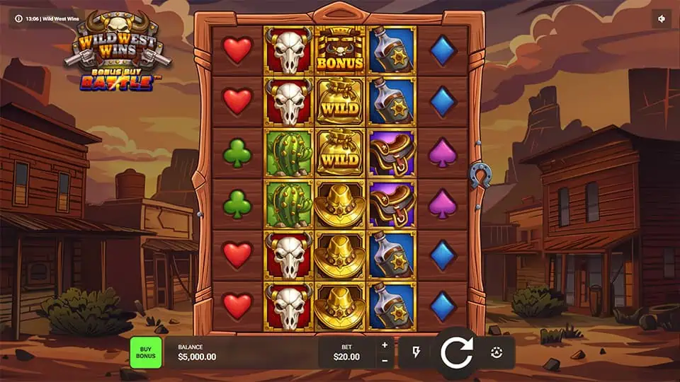 Preview of Wild West Wins slot showing the reels and cowboy-themed symbols in action.