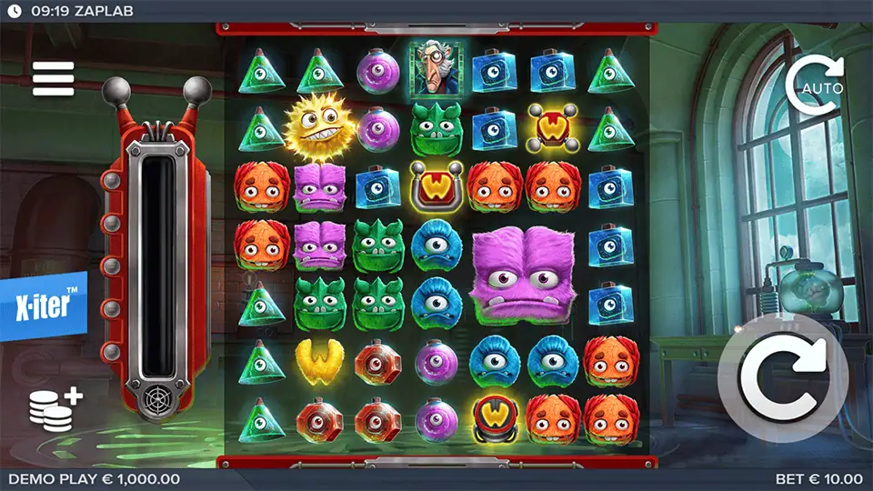 ZapLab slot base game with grid of colorful monster symbols and monster meter on the left