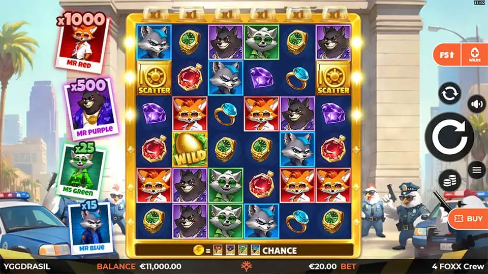 Main game screen with colorful fox gang symbols, scatter icons, and bonus chance meter in an urban heist theme.