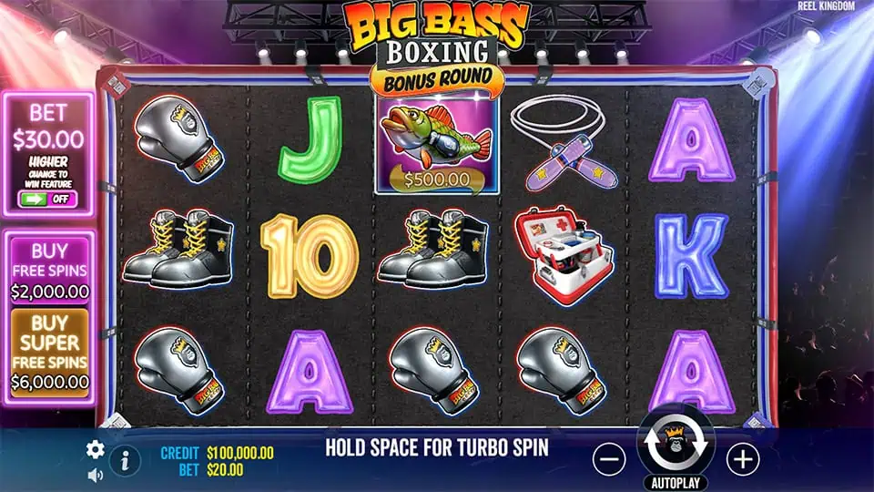 Base game screen featuring boxing-themed symbols like gloves, boots, and the Big Bass fish on a dark canvas-style background.