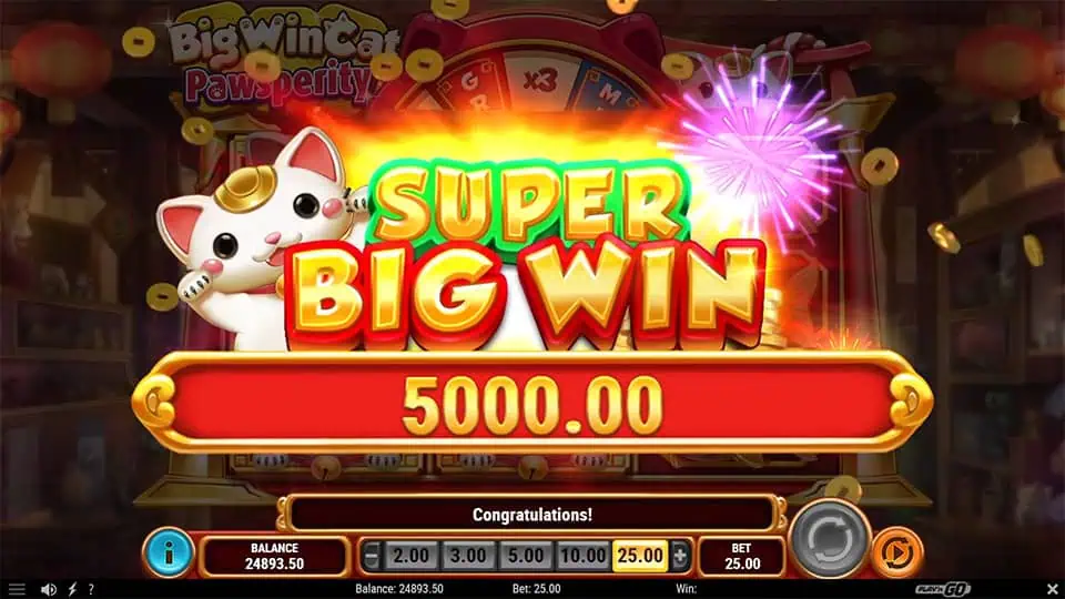 Big Win Cat Pawsperity slot showing Super Big Win of 5000.00 with fireworks and lucky cat.